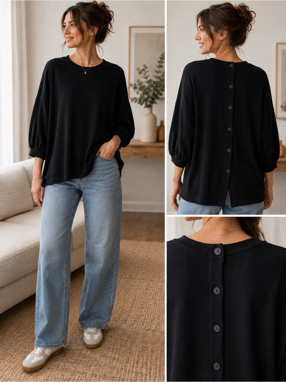 Reitmans Black Button Back Oversized Ribbed Sweater Top L